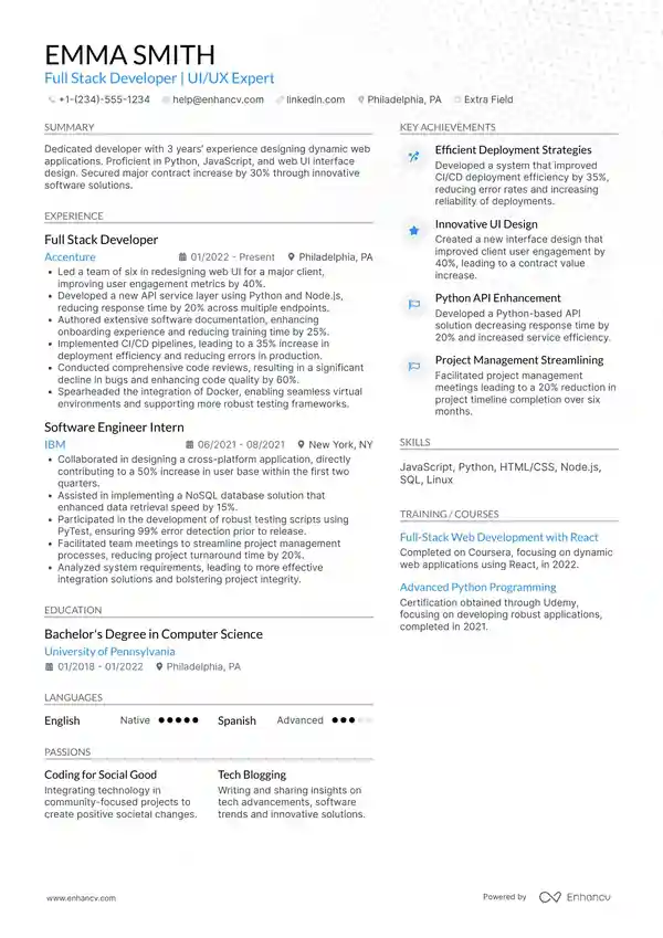 junior full stack react developer resume template